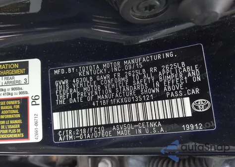 2016 Toyota Camry Le из США, поврежденный, VIN 4T1BF1FKXGU135121